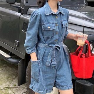Long-sleeve Denim Playsuit As Shown In Figure - One Size