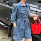 Long-sleeve Denim Playsuit As Shown In Figure - One Size