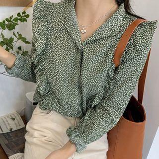 Leaf Print Ruffle Blouse Green - One Size