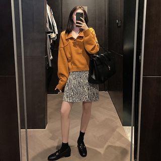 Polo Sweater / Zebra Print Mini A-line Skirt