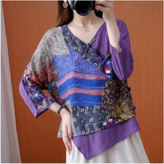 3/4-sleeve Print Panel Blouse