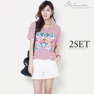 Set: Printed Stripe T-shirt + Cotton Shorts