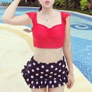 Set: Ruffle Trim Cropped Tankini Top + Polka Dot Swim Skirt