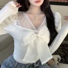 Long-sleeve Faux Leather Mesh Panel Bow Knit Top