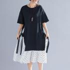 Mock Two-piece Elbow-sleeve Dotted Panel Midi Dress Black - One Size