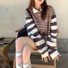 Striped Collared Sweatshirt Stripe - Pink & Brown - One Size