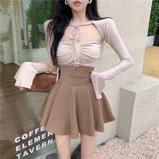 Long-sleeve Lace Up Crop Top / Strapless Top / High Waist Mini A-line Skirt / Set