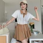 Two-tone Polo-neck Top + Drawstring Mini Skirt