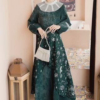 Lace Trim Embroidered Long-sleeve A-line Maxi Dress