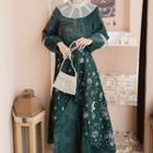 Lace Trim Embroidered Long-sleeve A-line Maxi Dress
