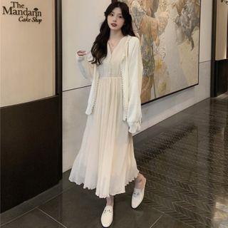 Faux Pearl Cardigan / Long-sleeve V-neck Plain Dress