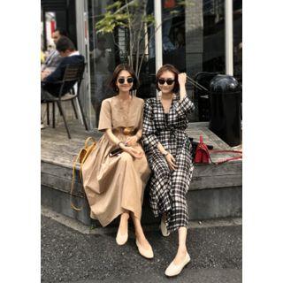 Long-sleeve Wrap-front Checked A-line Dress