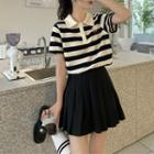 Short-sleeve Stripe Polo Shirt / Pleated Skirt