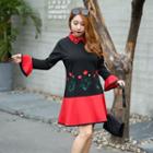 Flower Embroidered Long Sleeve Collared Mini Dress