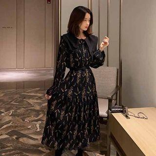 Long-sleeve Floral Print Midi A-line Dress Navy Blue - One Size