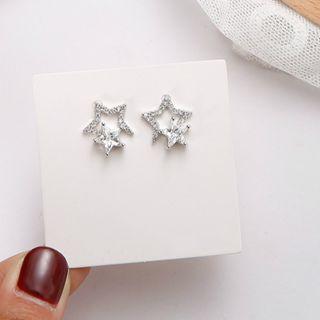 925 Sterling Silver Rhinestone Star Stud Earring 1 Pair - Star - One Size