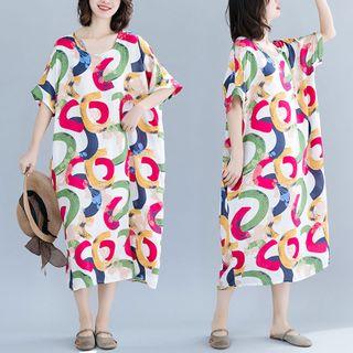Print Round-neck Semi- Sleeve Dress Milky White - F