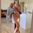 Side-slit Puff-sleeve Knit Midi Dress