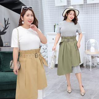 Set: Short-sleeve Midi T-shirt Dress + Belted Irregular Skirt