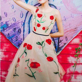 Floral Embroidered Sleeveless Midi Mesh A-line Dress