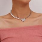Faux Pearl Rhinestone Heart Pendant Necklace 3031 - Silver - One Size