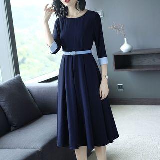 3/4-sleeve Midi A-line Dress With Belt