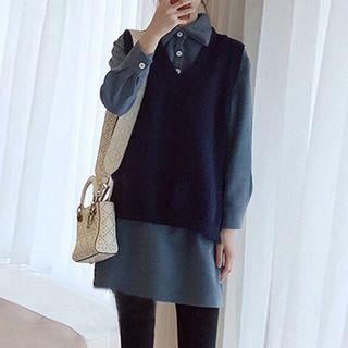 Set: V-neck Knit Vest + Long-sleeve Mini Shirtdress