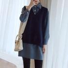 Set: V-neck Knit Vest + Long-sleeve Mini Shirtdress