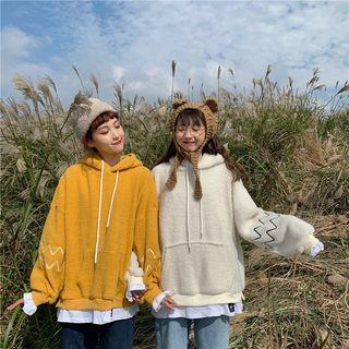 Mock Two-piece Faux Shearling Embroidered Hoodie