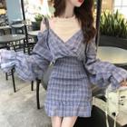 Mock-two Check Long-sleeve Dress As Figure - One Size
