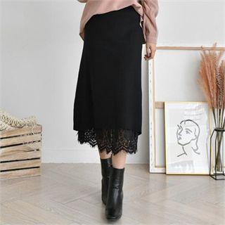 Lace-layered Wool Blend Midi Skirt