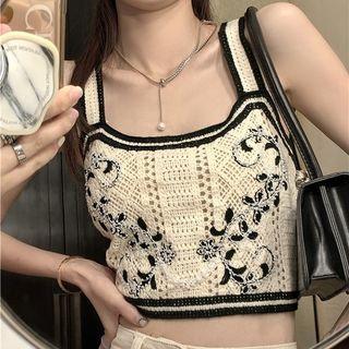 Contrast Trim Pointelle Embroidered Cropped Knit Tank Top Almond - One Size