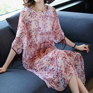 Leaves Print 3/4-sleeve A-line Silk Dress