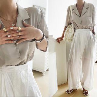 Notch-collar Satin Shirt Beige - One Size