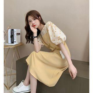 Set: Short-sleeve Dotted Blouse + Midi A-line Overall Dress