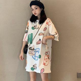 Elbow-sleeve All Over Print Polo Dress White - One Size