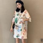Elbow-sleeve All Over Print Polo Dress White - One Size