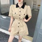 Contrast Collar Short-sleeve Tie-waist Cargo Playsuit Khaki - One Size