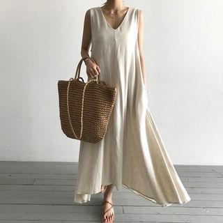 V-neck Sleeveless Maxi Dress With Sash Beige - One Size