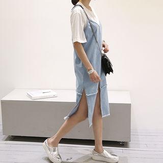Fringed-trim Slit-detail Denim A-line Spaghetti Strap Dress