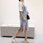 Fringed-trim Slit-detail Denim A-line Spaghetti Strap Dress