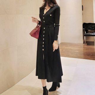 Long-sleeve Button-up Midi A-line Dress Black - One Size