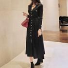 Long-sleeve Button-up Midi A-line Dress Black - One Size