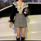 Bell-sleeve Lace Panel Velvet Top + High-waist Houndstooth A-line Skirt