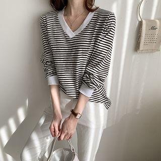 V-neck Drop-shoulder Striped Pullover