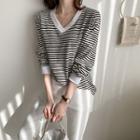 V-neck Drop-shoulder Striped Pullover