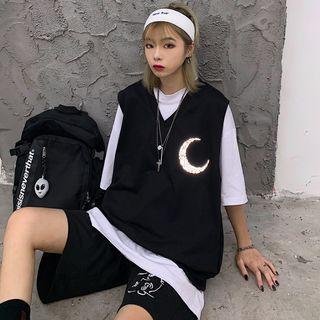 Plain Elbow-sleeve Oversize T-shirt / Embroidered Knit Vest / Set