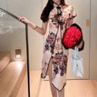 Asymmetrical Short-sleeve Floral Print Cutout A-line Dress