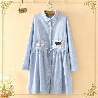 Rabbit Embroidered Long-sleeve Shirt Dress