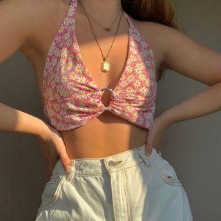 Halter-neck Floral Print Top Pink - One Size